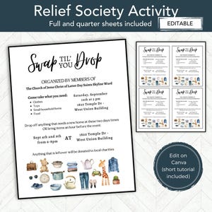 Op de afbeelding: Een printbare flyer voor een "Swap Til You Drop"-evenement georganiseerd door de Kerk van Jezus Christus van de Heiligen der Laatste Dagen, Skyline wijk. De flyer bevat details over het evenement, inclusief de datum, tijd, locatie en wat mee te nemen. De flyer bevat ook een lijst met items die zullen worden gedoneerd aan lokale goede doelen.