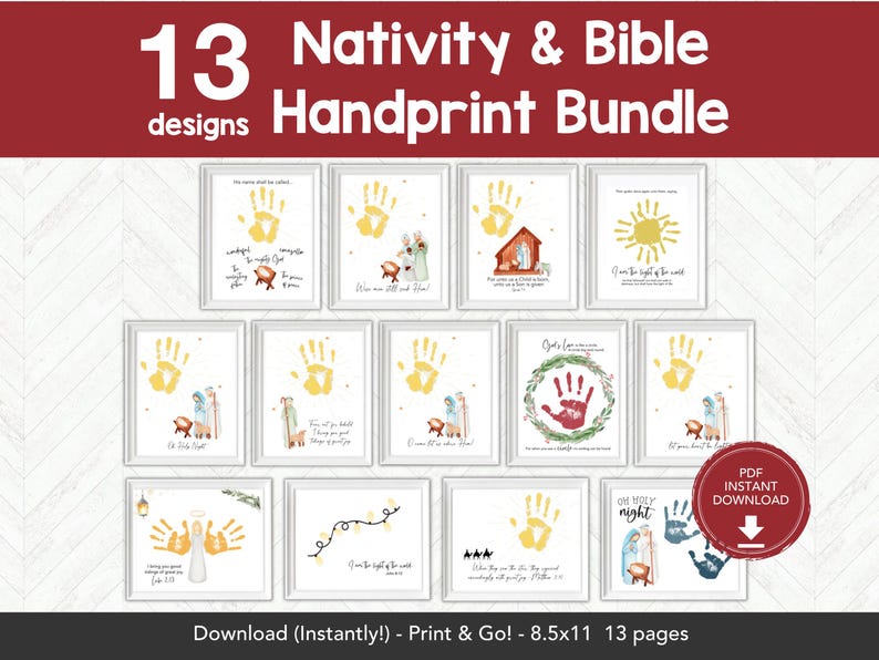 Op de afbeelding: Een verzameling van 13 ingelijste kunstafdrukken met handafdrukontwerpen met kerst- en bijbelthema's. Elke afdruk bevat een gele handafdruk, aquarel illustraties en inspirerende tekst. De afdrukken zijn 21,59 x 27,94 cm groot en direct te downloaden.