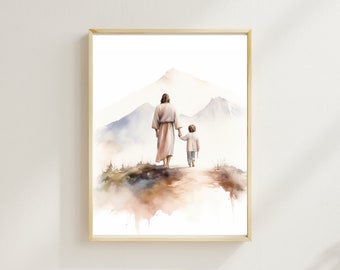 Jesús con decoración de pared infantil, Niño de Dios Jesús me ama arte de acuarela, arte de pared de guardería cristiana imprimible, impresión SUD de Jesús con niños