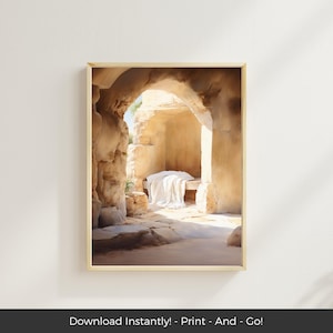 May include: A painting of a stone tomb with a white sheet inside. The tomb is lit by a bright light coming from the opening. The painting is a depiction of the empty tomb of Jesus Christ.