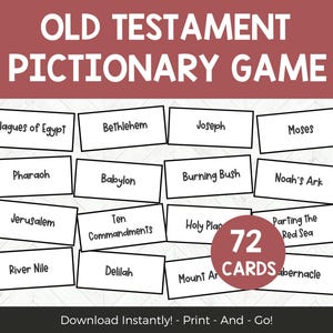 May include: A set of 72 white cards with black text for an Old Testament Pictionary game. The cards feature words like "Plagues of Egypt", "Pharaoh", "Jerusalem", "Bethlehem", "Babylon", "Ten Commandments", "River Nile", "Delilah", "Joseph", "Burning Bush", "Holy Plan", "Moses", "Noah's Ark", "Parting the Red Sea", "Mount Ararat", and "Tabernacle".