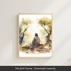 Jesus in the Garden of Gethsemane Christian Watercolor Art, LDS Printable Picture of Christ, Easter Bible Wall Art, Christian Painting