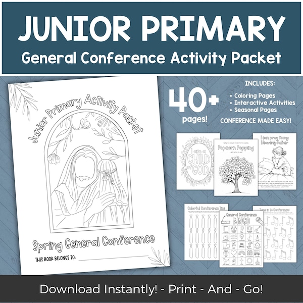Primarschul-Konferenz Paket 2024, LDS General Konferenz Aktivitäten, interaktives Aktivitäts-Kit mit Malseiten, Spielen und Arbeitsblättern