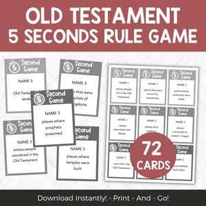 Peut inclure: Un jeu de règles de 5 secondes sur l'Ancien Testament imprimable avec 72 cartes. Les cartes sont grises avec un design noir et blanc. Chaque carte a une icône de minuterie et le texte "Second Game". Les cartes contiennent différentes questions sur l'Ancien Testament.