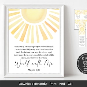 Könnte beinhalten: Ein gerahmter Druck mit einem Aquarell-Sonnendesign und den Worten "Walk with Me" und einem Bibelvers. Enthält zusätzliche Druckgrößen, Handouts, Lesezeichen und ein Zielblatt. Das Bild befindet sich in einem weißen Rahmen.