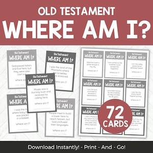 May include: A set of 72 gray and white cards with the text "Old Testament Where Am I?" printed on them. Each card features a different Old Testament story or location. The cards are designed for a game or activity.