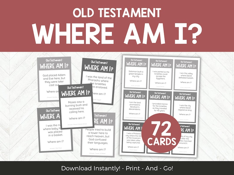 May include: A set of 72 gray and white cards with the text "Old Testament Where Am I?" printed on them. Each card features a different Old Testament story or location. The cards are designed for a game or activity.