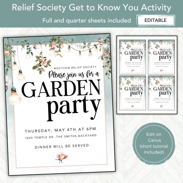 Relief Society Activity, EDITABLE RS Activity Invitation Flier, Young Women, Youth, Stake or Ward Activity, LDS Garden Party Activity Invite