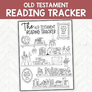 Puede incluir: Rastreador de lectura del Antiguo Testamento en blanco y negro con el texto "Old Testament Reading Tracker" en la parte superior. El diseño incluye estanterías con libros, un globo terráqueo y citas inspiradoras. También se ven las palabras "Trust in the Lord with all thine heart".