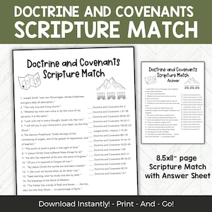 Peut inclure: Un jeu d'association d'écritures imprimable en noir et blanc, intitulé "Doctrine and Covenants Scripture Match". Il comprend un jeu d'association et une feuille de réponses. Le texte "Download Instantly! - Print - And - Go!" est en bas.