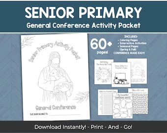 May include: Black and white printable activity packet for Senior Primary children. The packet includes over 60 pages of coloring pages, interactive activities, and seasonal pages for Spring and Fall. The packet is designed to make General Conference easier for children.