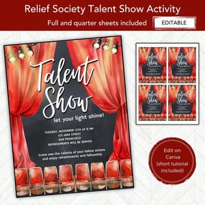 Może przedstawiać: Plakat na pokaz talentów z czerwonym tłem kurtyny i oświetleniem scenicznym. Słowa "Talent Show" są wyświetlane białym pismem. Ulotka zawiera tekst "let your light shine!". Dodatkowe ulotki są wyświetlane.