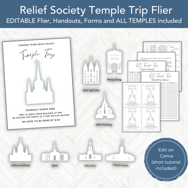 Relief Society Temple Night Activity, RS Activity Invitation Printable, Editable Relief Society Flier, Church of Jesus Christ 2024