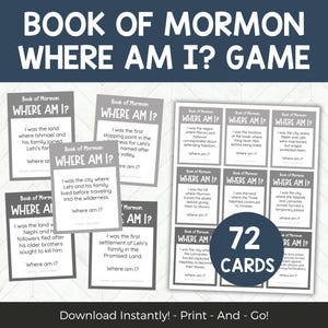 Puede incluir: Un juego imprimible para aprender sobre el Libro de Mormón. El juego incluye 72 cartas con preguntas sobre lugares mencionados en el libro. Las cartas son grises con texto blanco y el título "Libro de Mormón ¿Dónde estoy? Juego" está en la parte superior de la imagen.