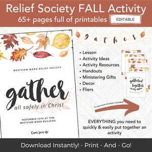 Peut inclure: Un pack d'activités d'automne imprimable pour la Société de Secours avec un fond aquarelle de feuilles d'automne. Le texte dit "rassembler en toute sécurité en Christ" et comprend la date et l'heure de l'événement. Le pack comprend plus de 65 pages d'imprimables, y compris une leçon, des idées d'activités, des ressources, des documents distribués, des cadeaux de ministère, de la décoration et des dépliants.