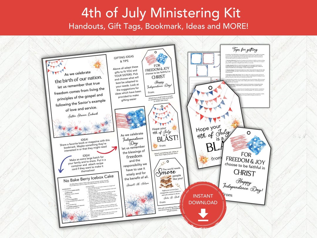 4th of July Day Ministering Kit, Relief Society Gift Idea, LDS Ministering Handout, Gifts for ...