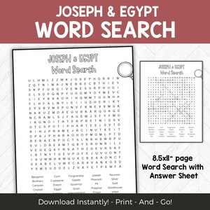 Puede incluir: Un rompecabezas de búsqueda de palabras imprimible en blanco y negro de 8,5 x 11 pulgadas con el título "Joseph & Egypt Word Search". El rompecabezas presenta palabras relacionadas con la historia bíblica de José, como "Faraón", "Egipto", "Hermanos", "Caravana", "Maíz", "Sueño", "Perdón", "Cáliz", "Gobernador", "Grano", "Potifar", "Reunión", "Plata", "Vendido", "Almacén" y "Oeste".