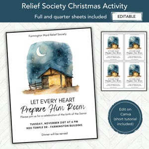 Pode incluir: Um convite imprimível para uma atividade de Natal da Sociedade de Socorro. O convite apresenta uma ilustração em aquarela de um estábulo com um céu estrelado e o texto "Que cada coração lhe prepare um lugar". O convite inclui a data, a hora e o local do evento.