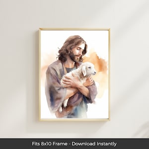 Er ließ die 99 Schafe, Jesus mit verlorenem Schaf-Druck, Jesus und das Lamm Gottes, HHL-Malerei Christian Wohnkultur, druckbare Bibel-Vers-Wandkunst