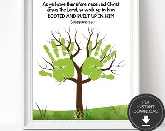 Be Rooted in Christ Childrens Bible Verse Handprint Craft, Christian Preschool Scripture Handprint Art Activity, Childrens Bible Activities