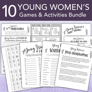 Pode incluir: Um pacote de 10 Jogos e Atividades para Jovens Mulheres. A imagem mostra vários jogos imprimíveis em preto e branco, incluindo caça-palavras, iniciadores de conversas e uma atividade de speed-friending. O texto do título está em uma fonte decorativa com detalhes florais.