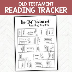 May include: A black and white Old Testament Reading Tracker. The text "OLD TESTAMENT READING TRACKER" is at the top. The tracker has a bookshelf design with book titles like Genesis, Exodus, and Psalms.