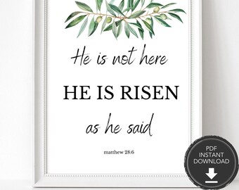 Arte imprimible de Él ha resucitado, arte de pared con versículo bíblico de Mateo 28:6, decoración de pared cristiana, impresiones de las Escrituras de Pascua, impresión de Él ha resucitado de 8 x 10