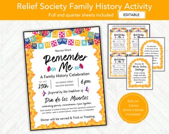 Remember Me LDS Relief Society Activity, RS Activity Invitation Printable, Remember Me Family History Activity, Dia De Los Muertos Activity
