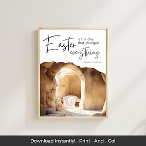 Könnte beinhalten: Ein druckbares Zitat über Ostern mit einem Bild eines Steinbogens. Das Zitat lautet: "Ostern ist der Tag, der alles verändert hat." -Dieter F. Uchtdorf