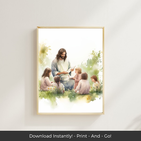 Jesus with Children, Jesus Loves You, I am a Child of God, Christian Watercolor Art Home Decor, Modern Bible Wall Art, Printable Download