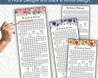 May include: Printable Book of Mormon reading tracker with floral designs. The tracker includes a grid for each book of the Book of Mormon, with spaces to mark off each chapter read. The text "Download Instantly! - Print - And - Go!" is at the bottom of the image.