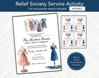 100 Dresses Relief Society Activity, EDITABLE Invitation Flier, LDS Activities Template, Service Centered Activity  Relief Society Birthday