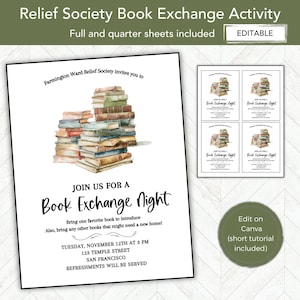 May include: Printable invitation for a book exchange night. The invitation features a watercolor illustration of a stack of books and the text "Join us for a Book Exchange Night". The invitation also includes details about the event, such as the date, time, and location.