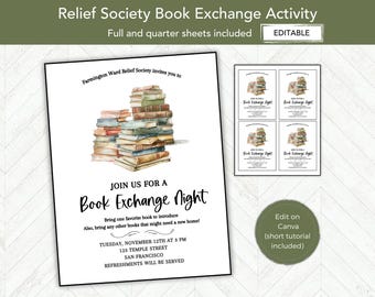 Book Exchange Night Relief Society Activity, EDITABLE RS Activity Invitation, LDS Activities Service Project or Donation Night for Book Club