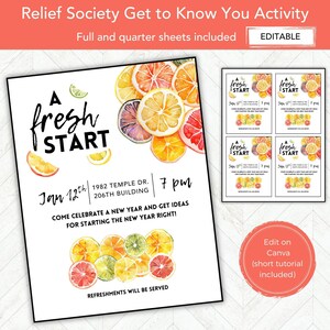 May include: A white printable flyer with a watercolor illustration of citrus fruit slices. The flyer is for a Relief Society Get to Know You Activity. The text on the flyer reads "A fresh start" and includes the date, time, and location of the event. The flyer also includes the text "Refreshments will be served".