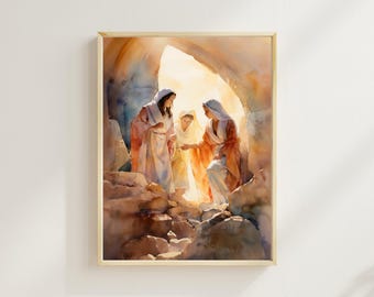 He is Risen Print, Printable Christian Wall Art, Empty Tomb Christian Artwork, Jesus Art Resurrection Art, Mary at the Tomb Print