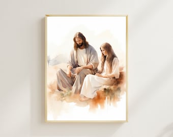 Jesus with Girl, Jesus Loves You Modern Christian Art, Watercolor Painting of Christ, LDS Pictures of Christ, Scripture Wall Art Printable