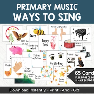 May include: 65 colorful cards with illustrations and text for primary music class. The cards feature phrases like "Hoo like an owl", "Shake like a leaf", "Tippy Toes", "Clap Hands", "No Blinking", "Twinkle Hands", and "Turn in Circles".