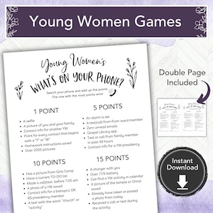 LDS Young Women  Activity,  Easy LDS Printable Game Idea, Church of Jesus Christ Youth, YW Girls Camp Game, What&#39;s On Your Phone