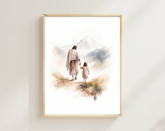 Jesús con decoración de pared infantil, Niño de Dios Jesús me ama arte de acuarela, arte de pared de guardería cristiana imprimible, impresión SUD de Jesús con niños