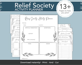 Op de afbeelding: Een printbare planner voor activiteiten van de Hulpverleningsvereniging. De planner bevat secties voor activiteitsdetails, spiritueel thema, reclame, wie leidt, eten, decoratie en reflecties. De planner is versierd met bloemillustraties.