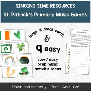 May include: A printable set of St. Patrick's Day music activity games for primary school children. The set includes large and small cards with images of shamrocks, rainbows, leprechaun hats, and pots of gold. The text "large & small cards & q easy Low / easy prep music activity ideas" is printed on the cards. The text "How to Use" and "St. Patrick's Day Activity Songs" is printed on a separate sheet of paper.