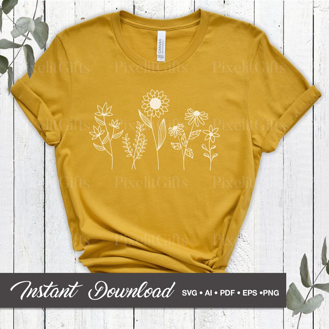 Floral Svg Flower Sketch Svg Wildflowers Vector Wild Etsy