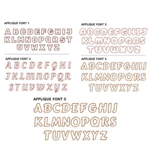 May include: Five different applique fonts in a gold color with a pink outline. The fonts are displayed in alphabetical order from A to Z.