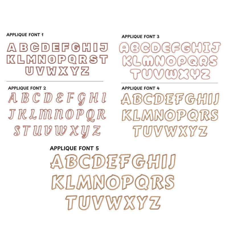 May include: Five different applique fonts in a gold color with a pink outline. The fonts are displayed in alphabetical order from A to Z.