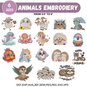 Puede incluir: Un conjunto de 16 diseños de bordado que representan diferentes animales, incluyendo una oveja, un conejito, una cabra, un gato, una tortuga, un delfín, un pulpo, un pony, un perezoso, un erizo, un pollo, un unicornio, un loro, un leopardo, un búho y un grupo de ovejas. Los diseños están disponibles en 6 tamaños, de 8,9 cm a 15,2 cm. Los diseños están disponibles en los formatos DST, EXP, HUS, JEF, SEW, PES, PEC, XXX y VP3.