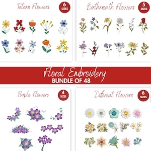 Puede incluir: Un conjunto de 48 diseños de bordado floral, divididos en cuatro categorías: Flores Tatami, Flores de nacimiento, Flores moradas y Flores diferentes. Cada categoría incluye una variedad de diseños de flores en diferentes colores y estilos.
