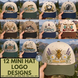 Peut inclure: Une collection de douze casquettes de baseball avec des motifs brodés incluant un chalet, un poisson, un aigle, un corbeau, un cerf, une moto, un phare, un crâne de taureau, un ours, un navire et une abeille avec des fleurs sur fond clair.
