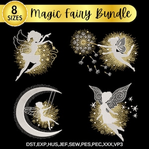 May include: A set of eight embroidery designs featuring fairies in various poses. The fairies are white with gold accents and are set against a black background. The designs include a fairy flying with a dandelion, a fairy swinging on a crescent moon, and a fairy with a wand.