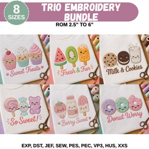 Puede incluir: Un paquete de bordado para camisetas blancas con seis diseños: cupcakes, helados, galletas y leche, caramelos, fresas y helados, y donuts. Los diseños son de varios colores e incluyen las frases "Sweet Treats", "Fresh & Fun", "Milk & Cookies", "So Sweet!", "Berry Sweet" y "Donut Worry".